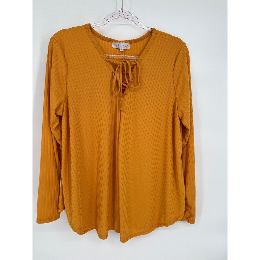 C'est La Vie Ribbed Lace-Up Long Sleeve Top Orange Blouse Casual Trendy XL